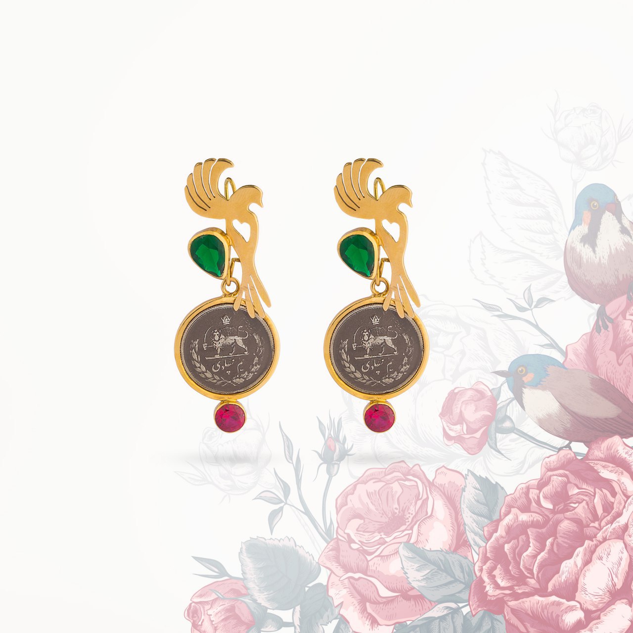 گوشواره ازادی طلای ۱۸عیار مزین به سکه پهلوی نقرع ونگین